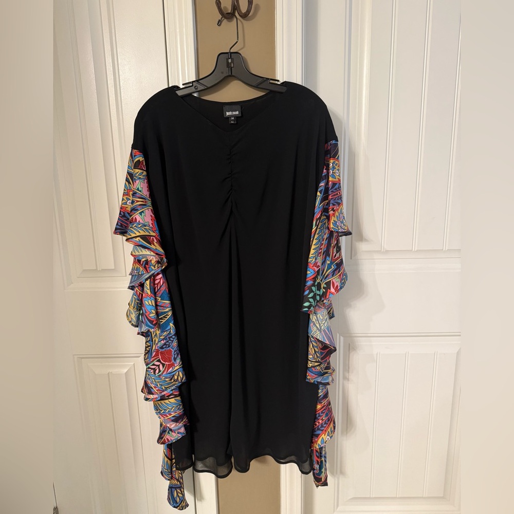 Black and Multicolor Ruffle Sleeve Dress NEW